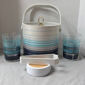 Vintage Ice Bucket 4 Glasses 4 Coasters Tongs Set in Aqua, Navy & White Stripes